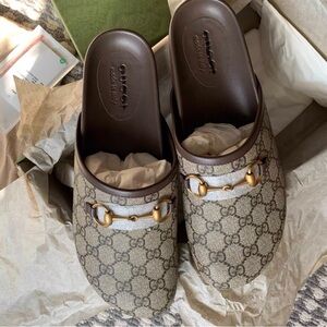 Gucci Brown and Gold Mules with Signature Monogram
